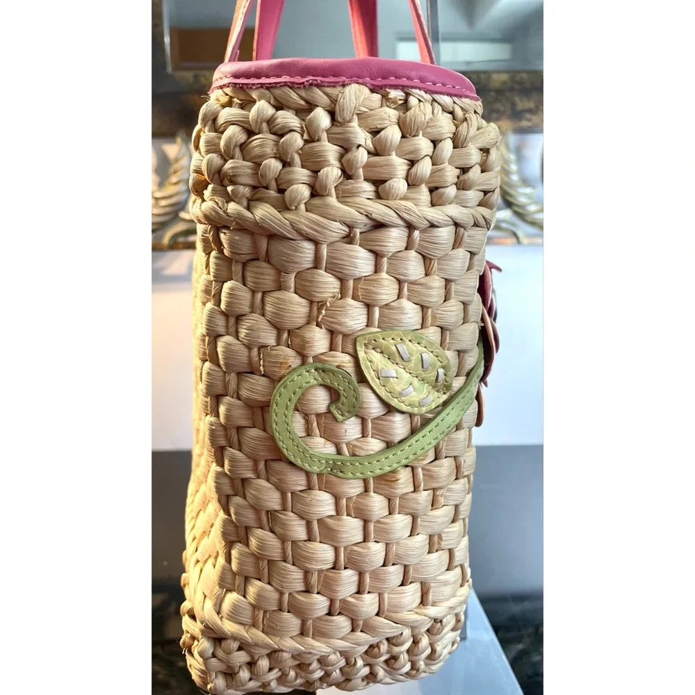 Brighton Straw Tote with Pink Trim and Multicolor Floral Appliques